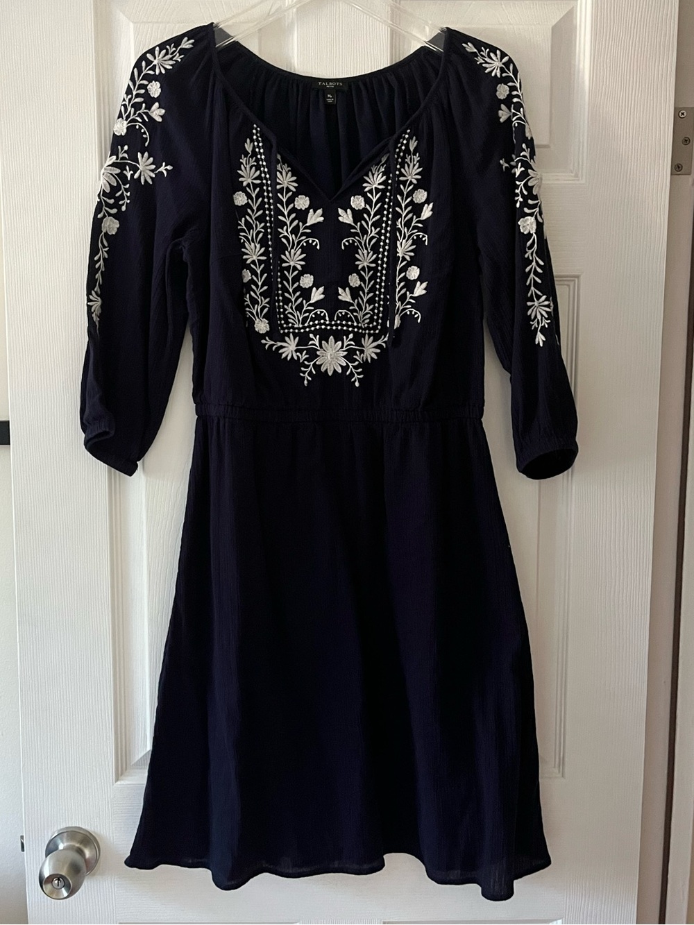 Navy 3/4 Sleeve Talbots Dress with White Embroidery
